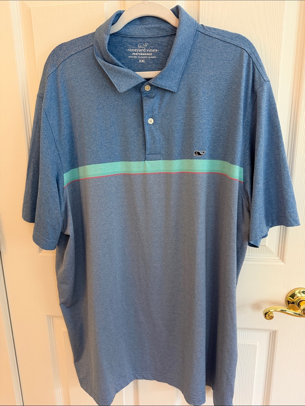 Vineyard Vines Blue Performance Polo with Mint and Coral Stripe